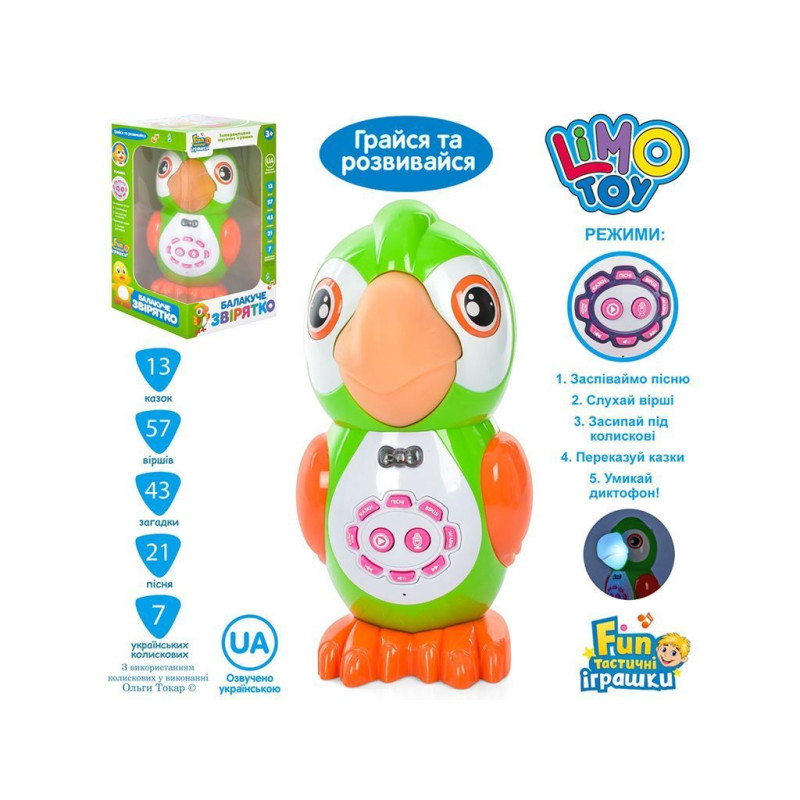 Інтерактивна іграшка LimoToys FT 0041 Аудіо-казки,папуга,сенс,навч, муз(УКР)