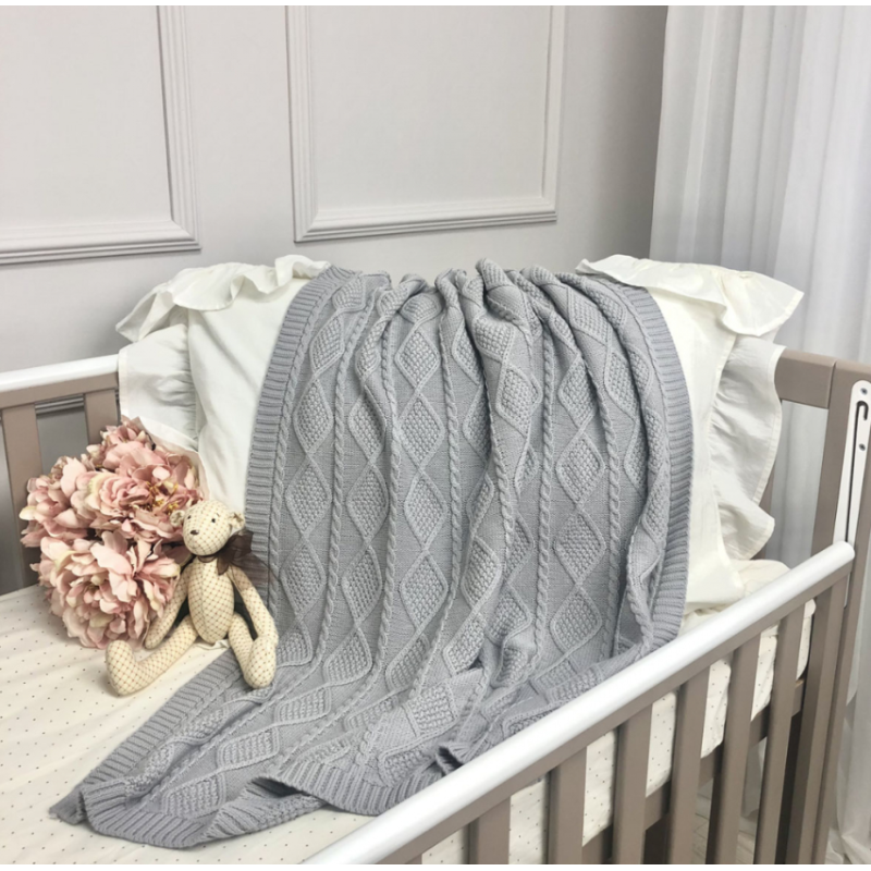Плед Маленька Соня в'язаний ромб-коса сірий