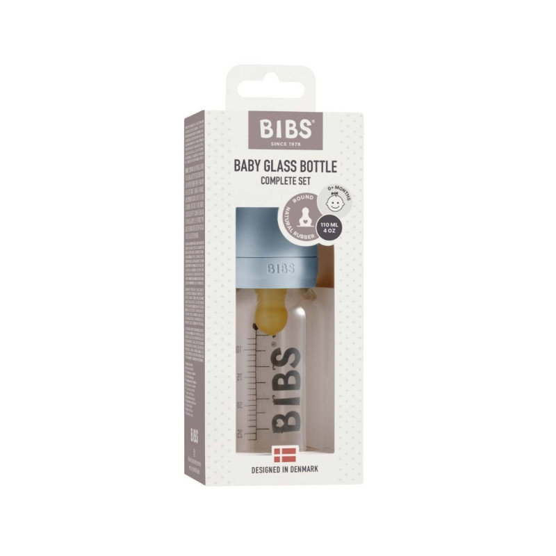 Скляна дитяча пляшечка BIBS Baby Glass Bottle повний комплект 110 мл – Baby Blue