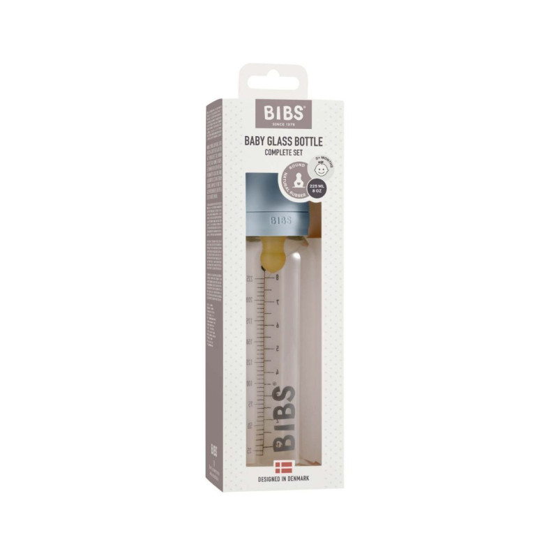 Скляна дитяча пляшечка BIBS Baby Glass Bottle повний комплект 225 мл – Baby Blue