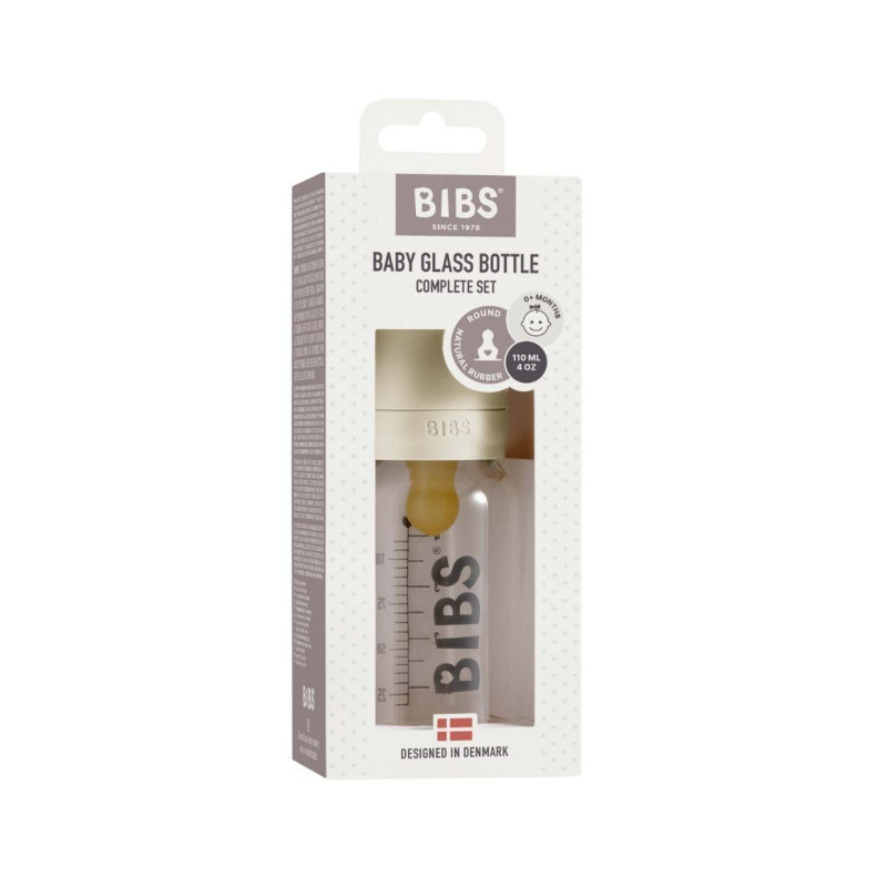 Скляна дитяча пляшечка BIBS Baby Glass Bottle повний комплект 110 мл – Ivory